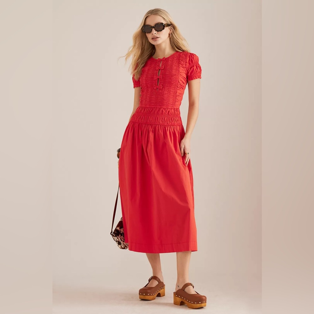 Red Short-Sleeve Midi Dress